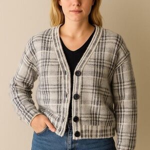 MELLODAY Plaid Button-Up Cardigan - Cream and Black